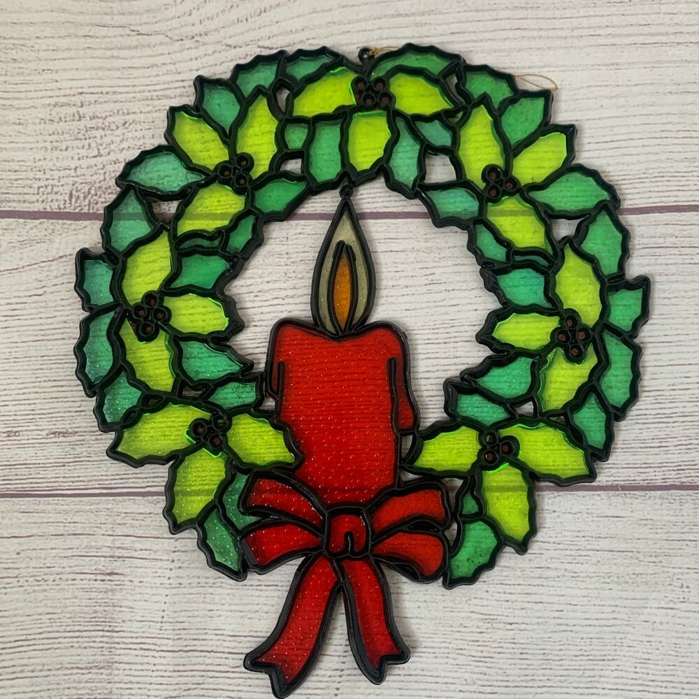 Vintage Plastic Stained Glass Christmas Suncatcher Candle Holly Wreath Hanger